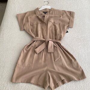 Tan Short-Sleeve Belted Jumpsuit